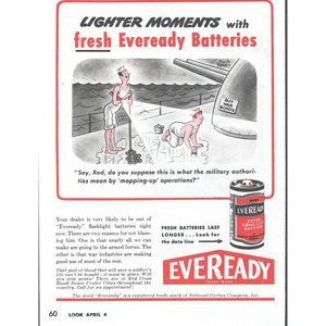 1944 Eveready Batteries Vintage Print Ad Navy Ship Guns WW2 Militaria Wall Art